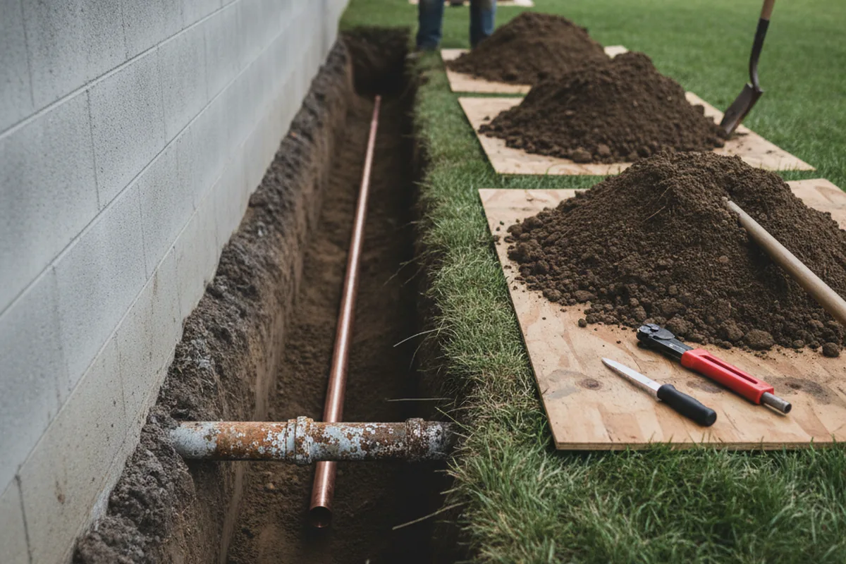 Excavated water line trench during Water Softener Installation in Cross Hill